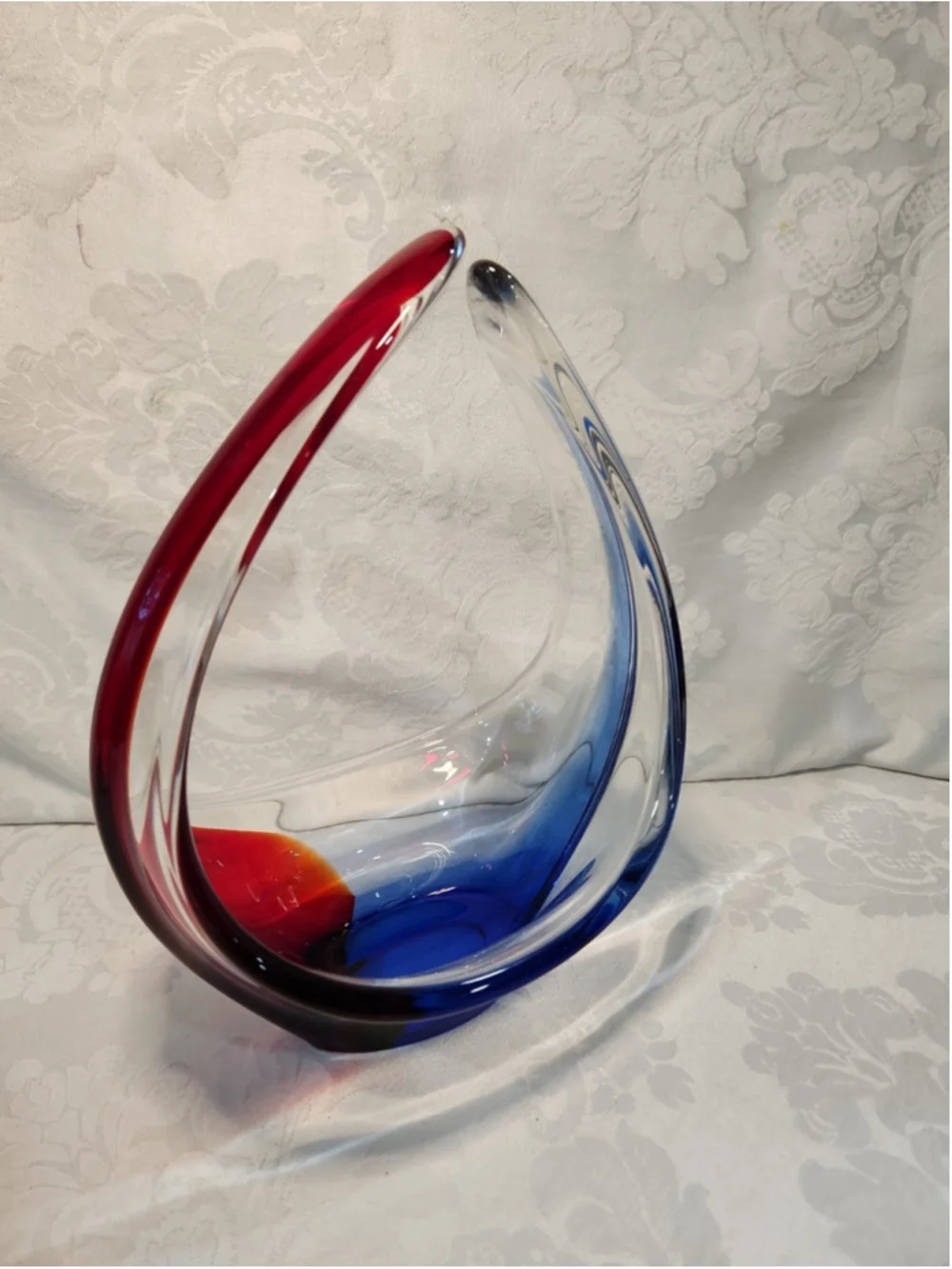 Vintage Art Glass Basket Vase Blue Red Stretched Handle Centerpiece Candy Dish